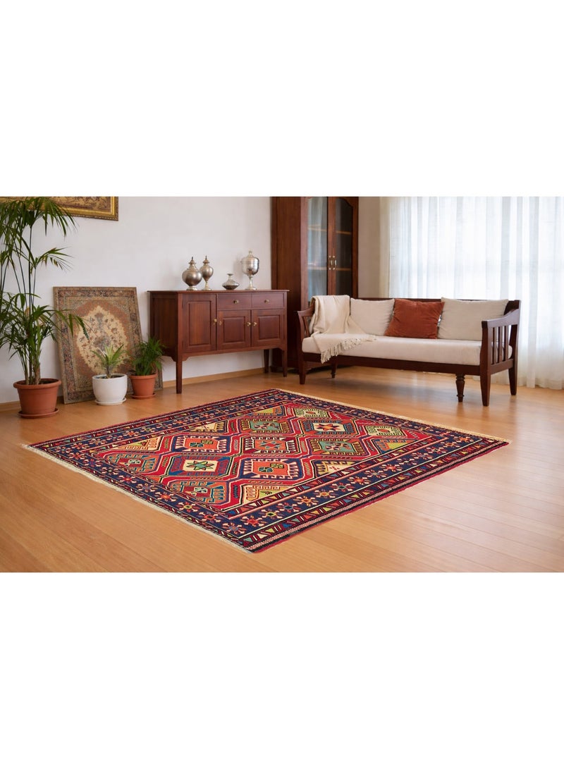 Handwoven Turkish Wool Rug – Red Geometric Medallion Design - Image 1